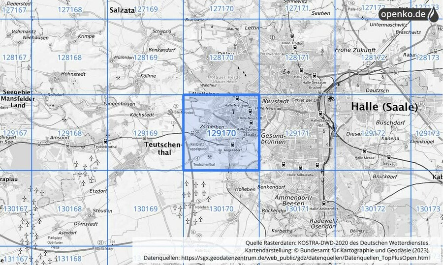 Übersichtskarte des KOSTRA-DWD-2020-Rasterfeldes Nr. 129170