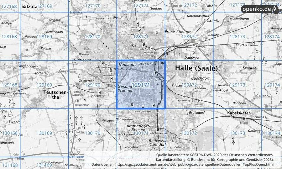 Übersichtskarte des KOSTRA-DWD-2020-Rasterfeldes Nr. 129171