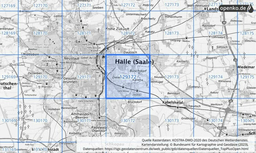 Übersichtskarte des KOSTRA-DWD-2020-Rasterfeldes Nr. 129172