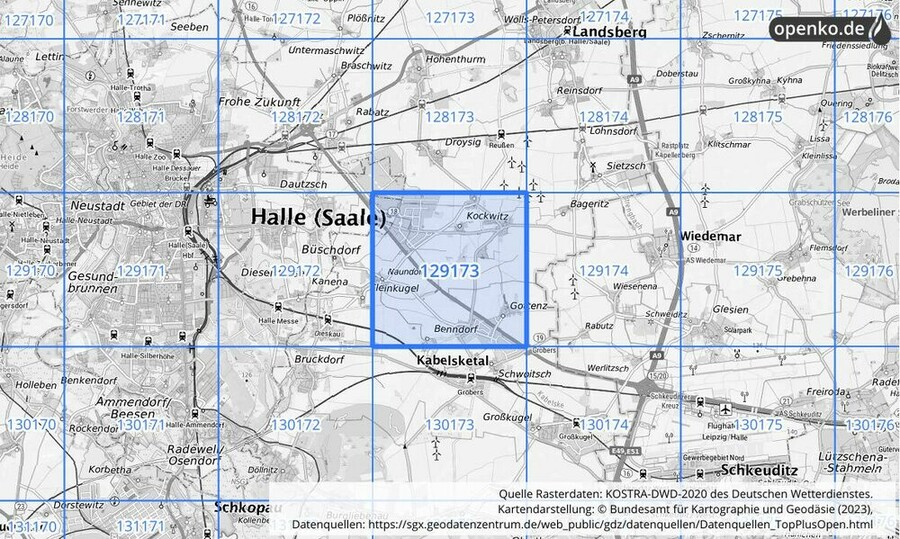 Übersichtskarte des KOSTRA-DWD-2020-Rasterfeldes Nr. 129173