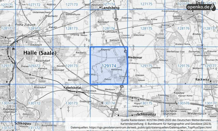 Übersichtskarte des KOSTRA-DWD-2020-Rasterfeldes Nr. 129174