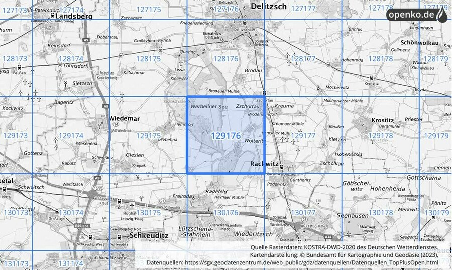 Übersichtskarte des KOSTRA-DWD-2020-Rasterfeldes Nr. 129176