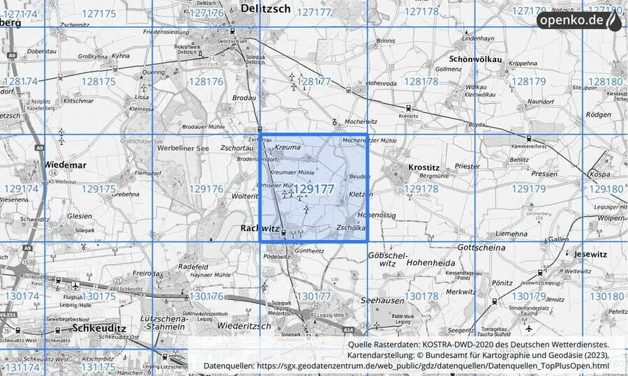 Übersichtskarte des KOSTRA-DWD-2020-Rasterfeldes Nr. 129177