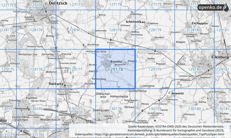 Übersichtskarte des KOSTRA-DWD-2020-Rasterfeldes Nr. 129178