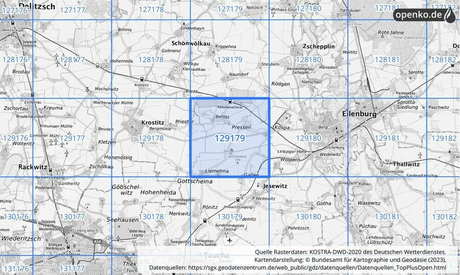 Übersichtskarte des KOSTRA-DWD-2020-Rasterfeldes Nr. 129179