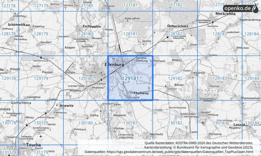 Übersichtskarte des KOSTRA-DWD-2020-Rasterfeldes Nr. 129181