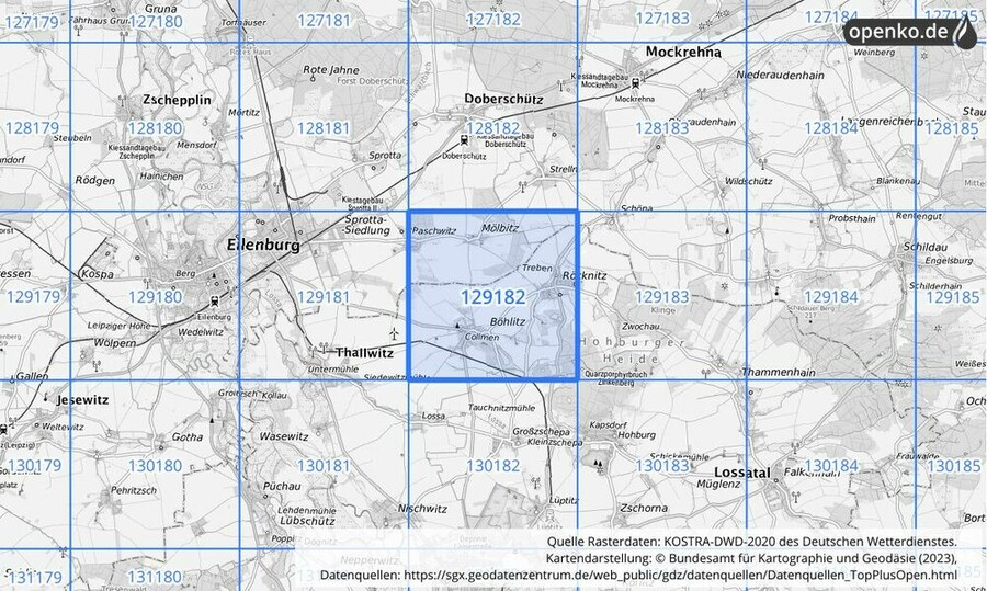 Übersichtskarte des KOSTRA-DWD-2020-Rasterfeldes Nr. 129182