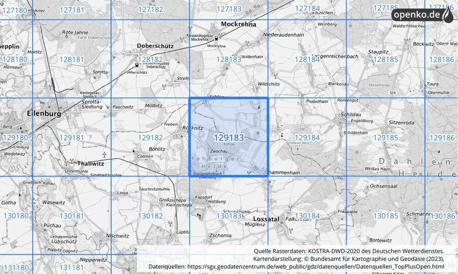 Übersichtskarte des KOSTRA-DWD-2020-Rasterfeldes Nr. 129183