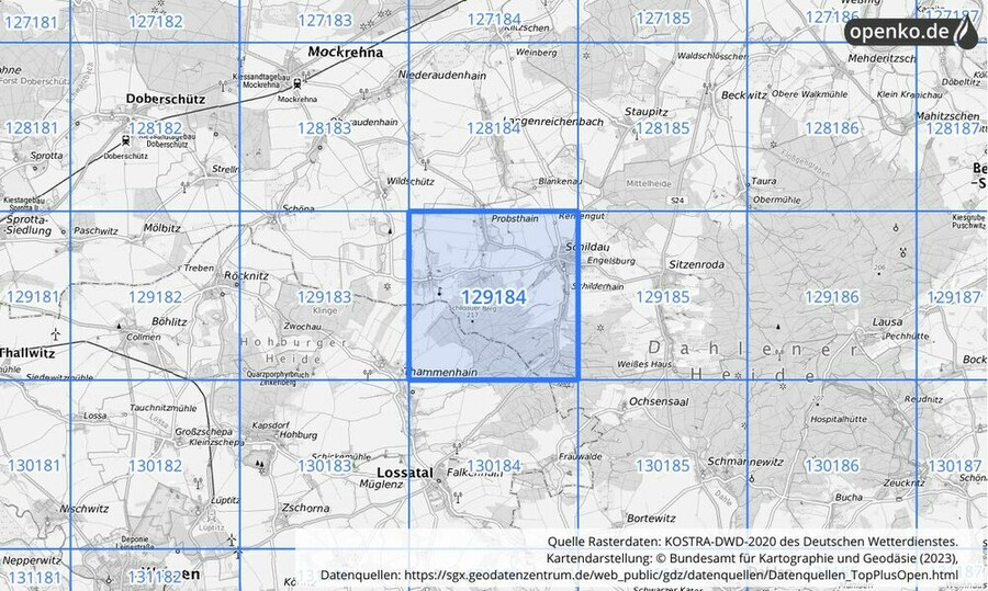 Übersichtskarte des KOSTRA-DWD-2020-Rasterfeldes Nr. 129184