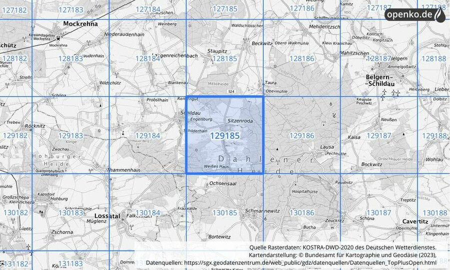 Übersichtskarte des KOSTRA-DWD-2020-Rasterfeldes Nr. 129185