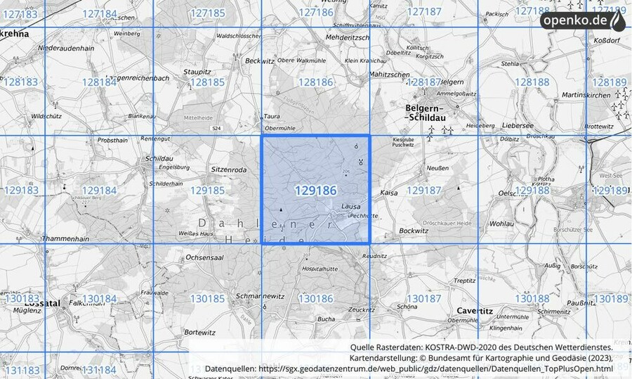 Übersichtskarte des KOSTRA-DWD-2020-Rasterfeldes Nr. 129186