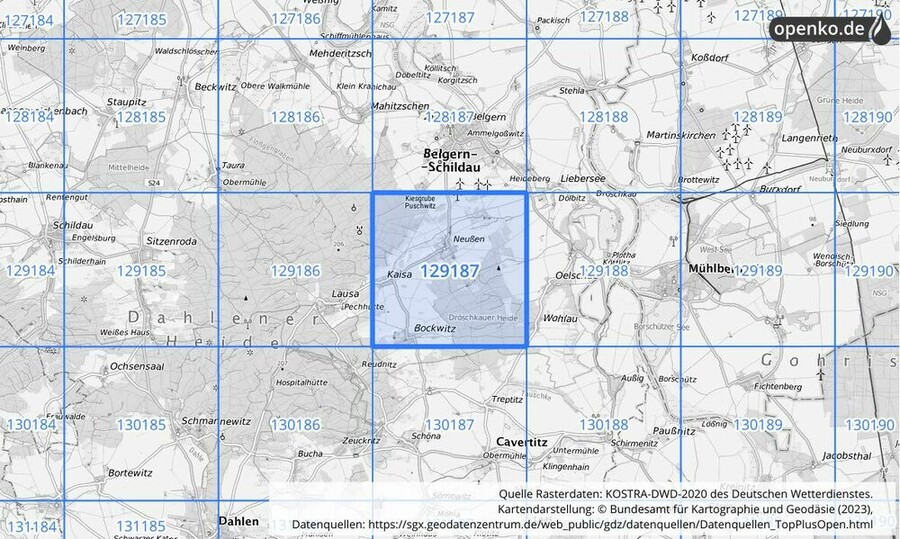 Übersichtskarte des KOSTRA-DWD-2020-Rasterfeldes Nr. 129187