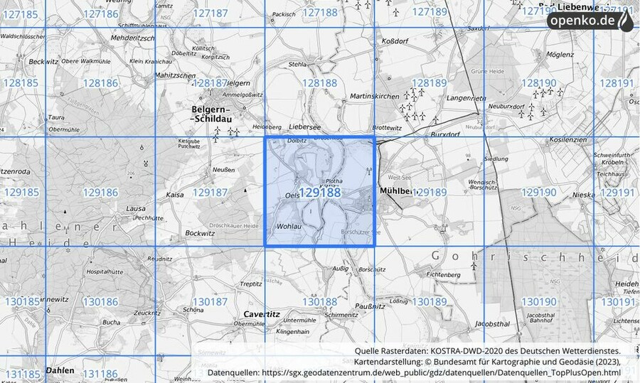 Übersichtskarte des KOSTRA-DWD-2020-Rasterfeldes Nr. 129188