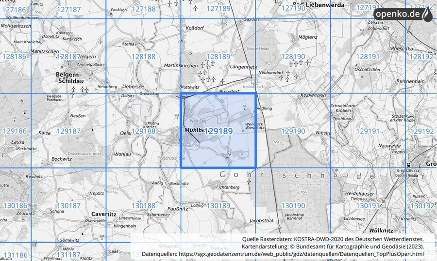 Übersichtskarte des KOSTRA-DWD-2020-Rasterfeldes Nr. 129189