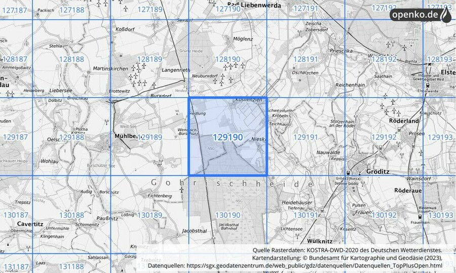 Übersichtskarte des KOSTRA-DWD-2020-Rasterfeldes Nr. 129190