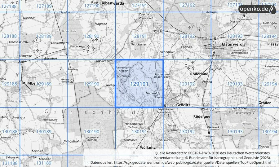 Übersichtskarte des KOSTRA-DWD-2020-Rasterfeldes Nr. 129191