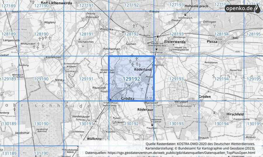 Übersichtskarte des KOSTRA-DWD-2020-Rasterfeldes Nr. 129192