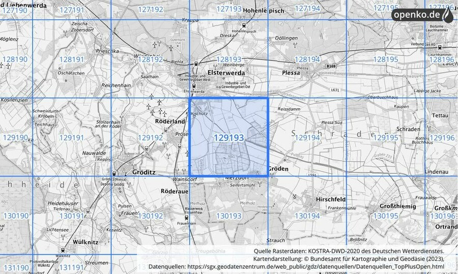 Übersichtskarte des KOSTRA-DWD-2020-Rasterfeldes Nr. 129193