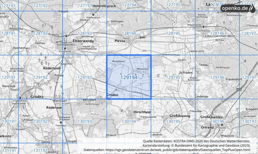 Übersichtskarte des KOSTRA-DWD-2020-Rasterfeldes Nr. 129194