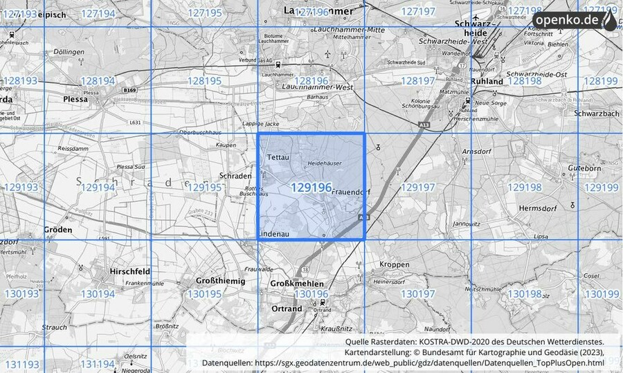 Übersichtskarte des KOSTRA-DWD-2020-Rasterfeldes Nr. 129196