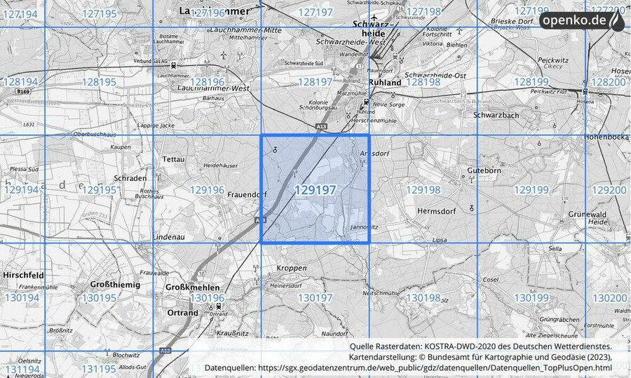 Übersichtskarte des KOSTRA-DWD-2020-Rasterfeldes Nr. 129197