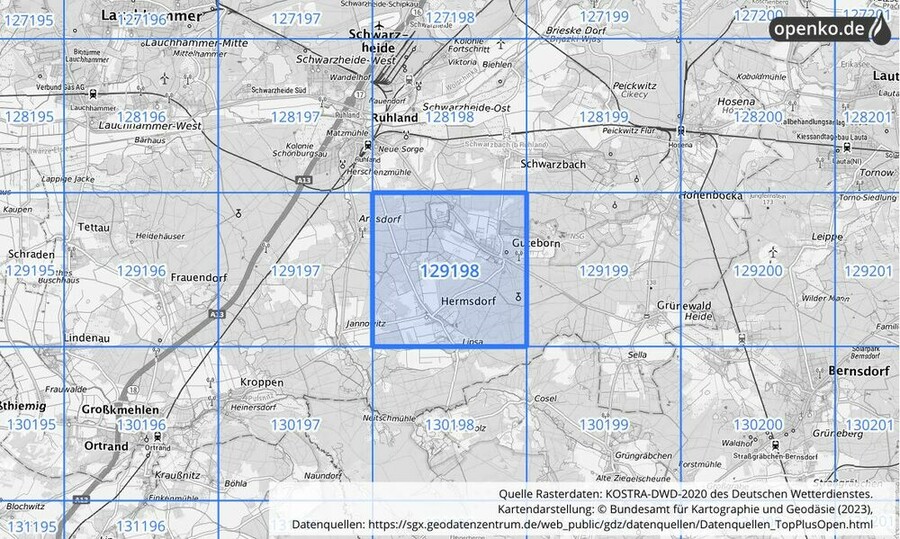 Übersichtskarte des KOSTRA-DWD-2020-Rasterfeldes Nr. 129198