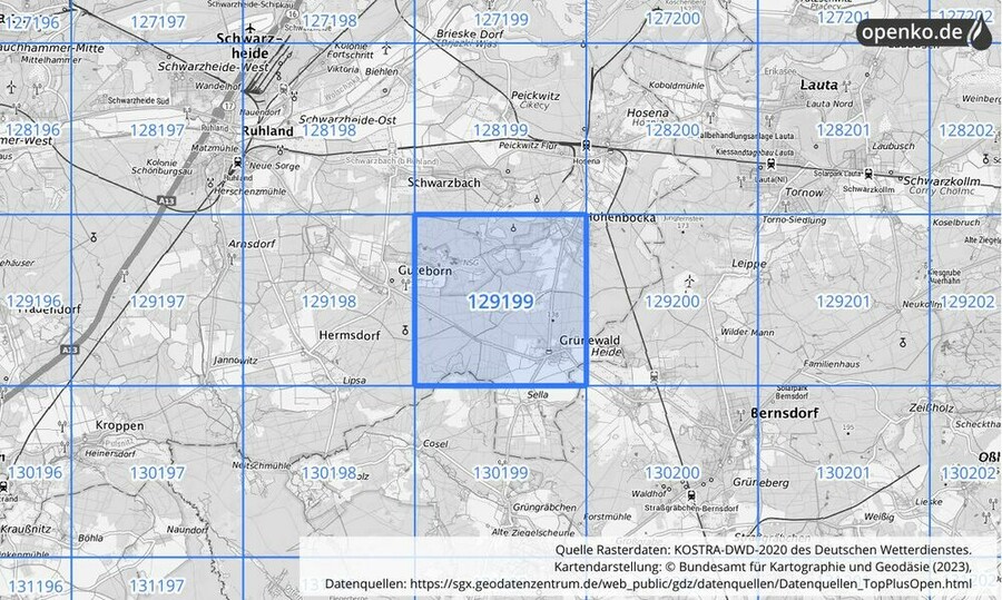 Übersichtskarte des KOSTRA-DWD-2020-Rasterfeldes Nr. 129199