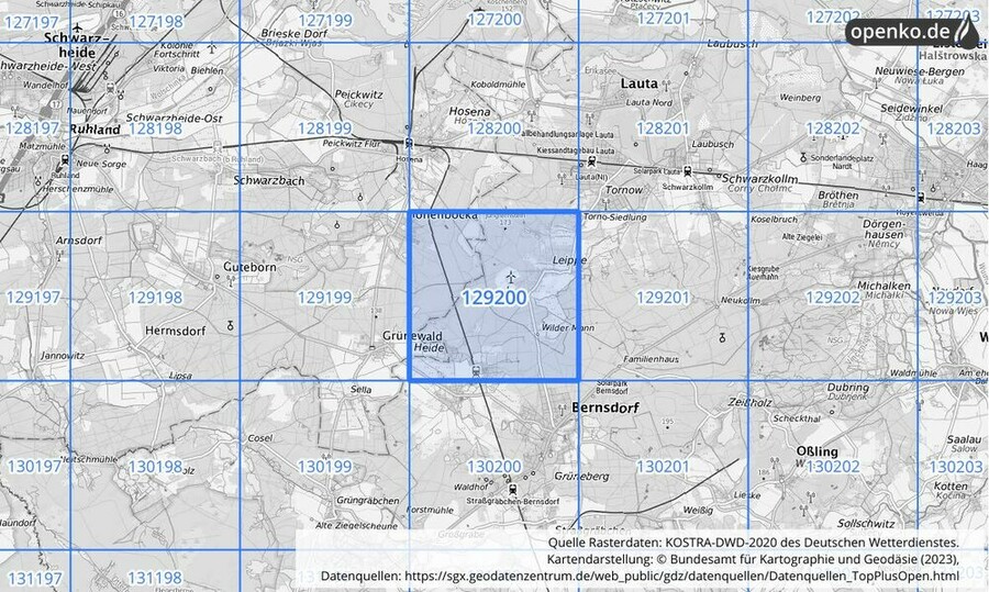 Übersichtskarte des KOSTRA-DWD-2020-Rasterfeldes Nr. 129200