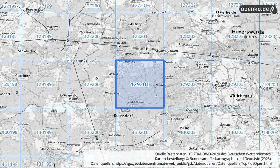 Übersichtskarte des KOSTRA-DWD-2020-Rasterfeldes Nr. 129201