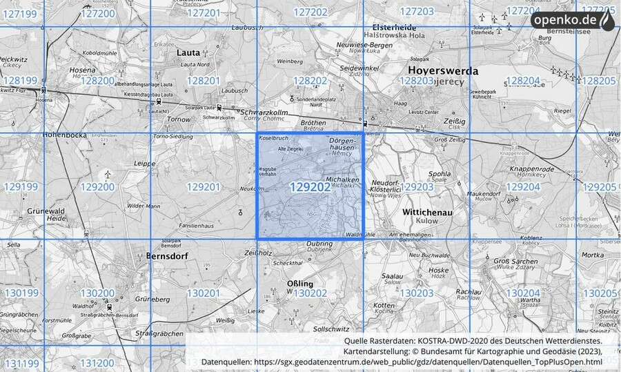 Übersichtskarte des KOSTRA-DWD-2020-Rasterfeldes Nr. 129202