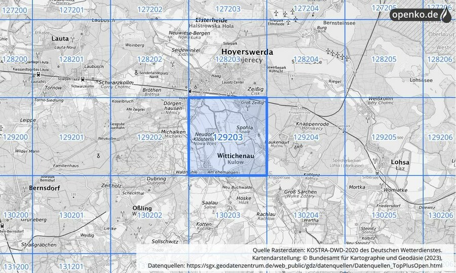 Übersichtskarte des KOSTRA-DWD-2020-Rasterfeldes Nr. 129203