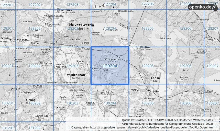 Übersichtskarte des KOSTRA-DWD-2020-Rasterfeldes Nr. 129204