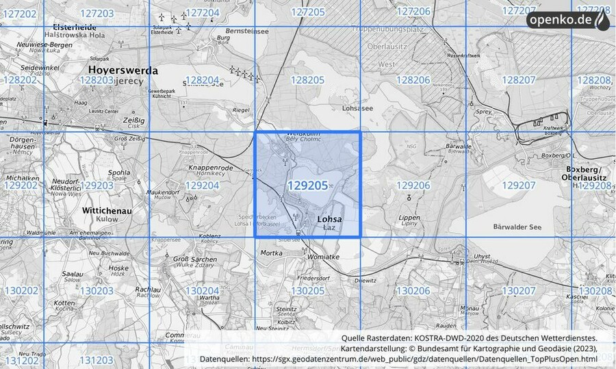 Übersichtskarte des KOSTRA-DWD-2020-Rasterfeldes Nr. 129205