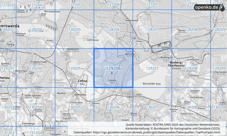 Übersichtskarte des KOSTRA-DWD-2020-Rasterfeldes Nr. 129206