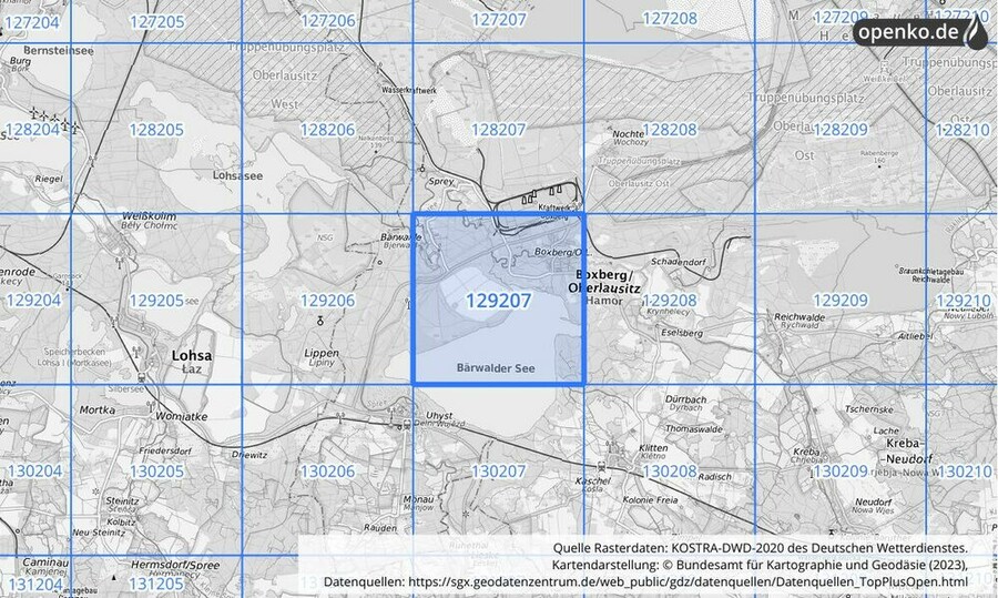 Übersichtskarte des KOSTRA-DWD-2020-Rasterfeldes Nr. 129207