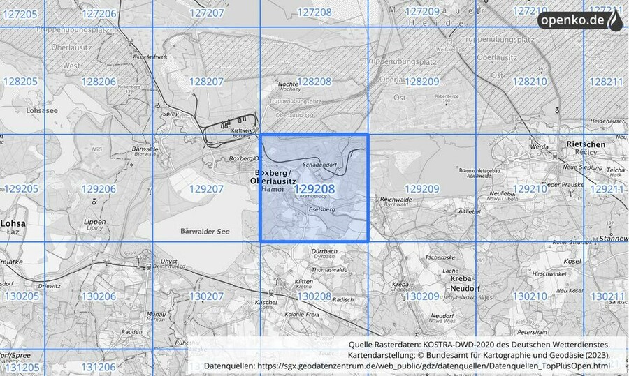 Übersichtskarte des KOSTRA-DWD-2020-Rasterfeldes Nr. 129208