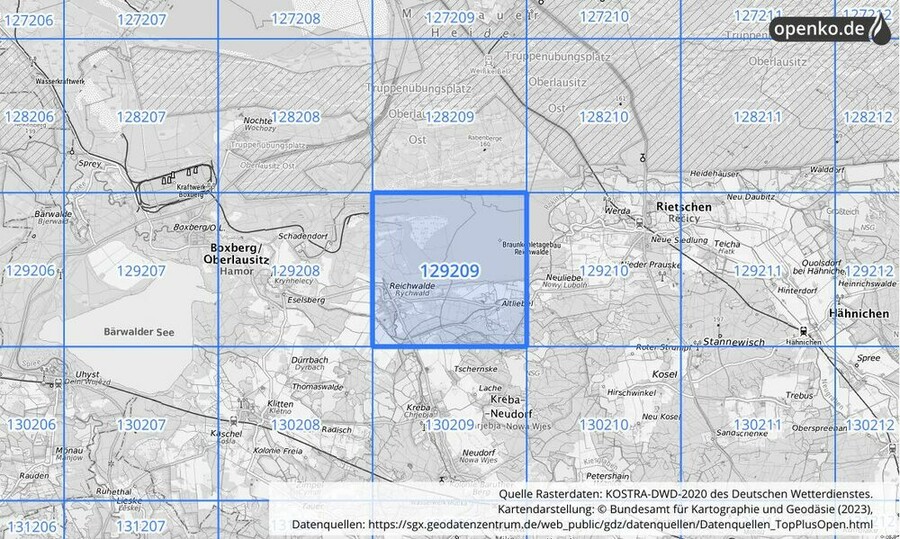 Übersichtskarte des KOSTRA-DWD-2020-Rasterfeldes Nr. 129209