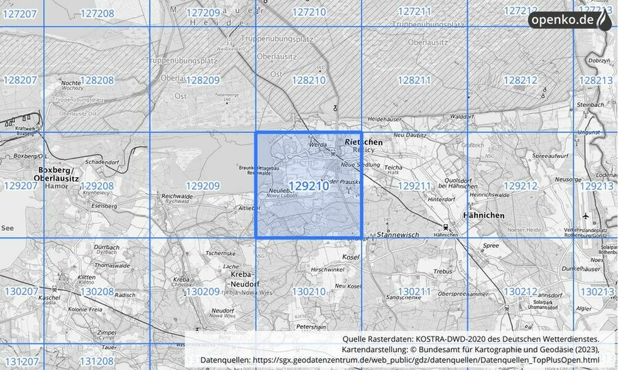 Übersichtskarte des KOSTRA-DWD-2020-Rasterfeldes Nr. 129210