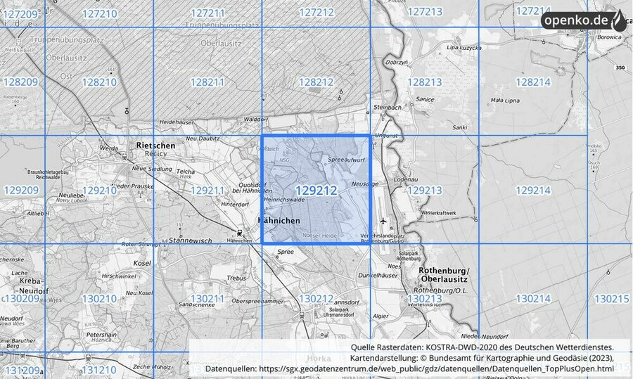 Übersichtskarte des KOSTRA-DWD-2020-Rasterfeldes Nr. 129212