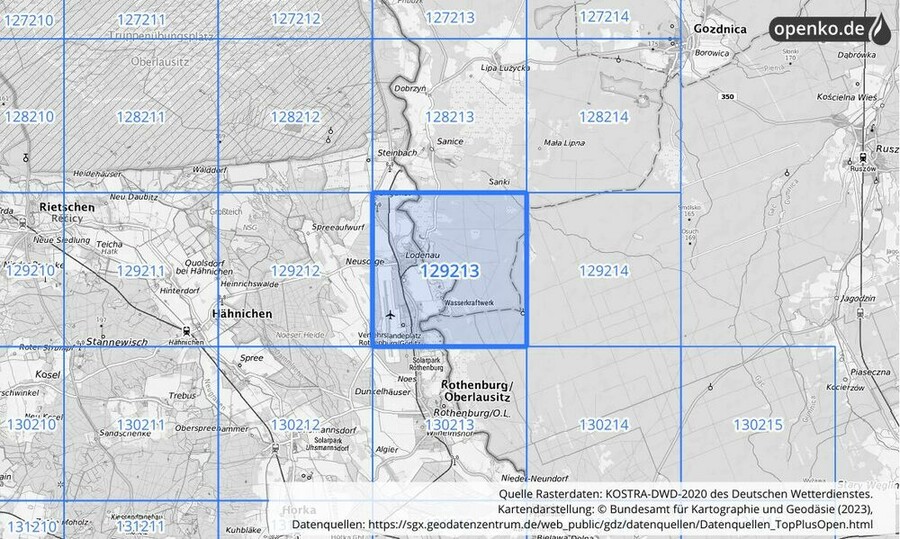 Übersichtskarte des KOSTRA-DWD-2020-Rasterfeldes Nr. 129213