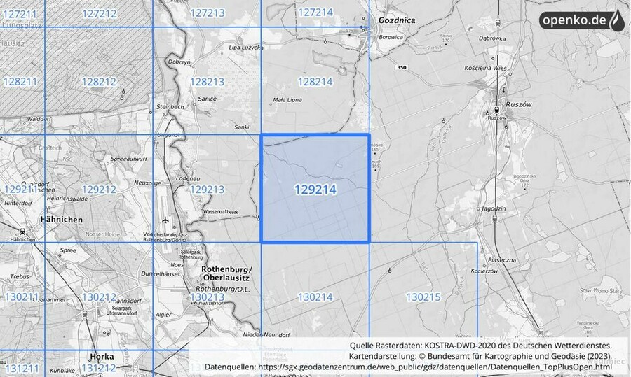 Übersichtskarte des KOSTRA-DWD-2020-Rasterfeldes Nr. 129214