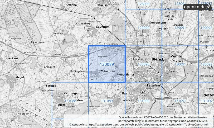 Übersichtskarte des KOSTRA-DWD-2020-Rasterfeldes Nr. 130089