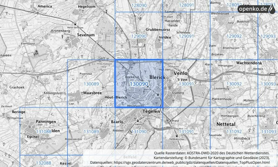 Übersichtskarte des KOSTRA-DWD-2020-Rasterfeldes Nr. 130090