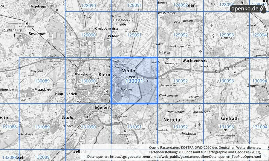 Übersichtskarte des KOSTRA-DWD-2020-Rasterfeldes Nr. 130091