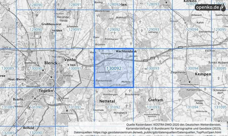 Übersichtskarte des KOSTRA-DWD-2020-Rasterfeldes Nr. 130092