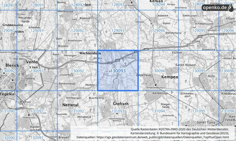 Übersichtskarte des KOSTRA-DWD-2020-Rasterfeldes Nr. 130093