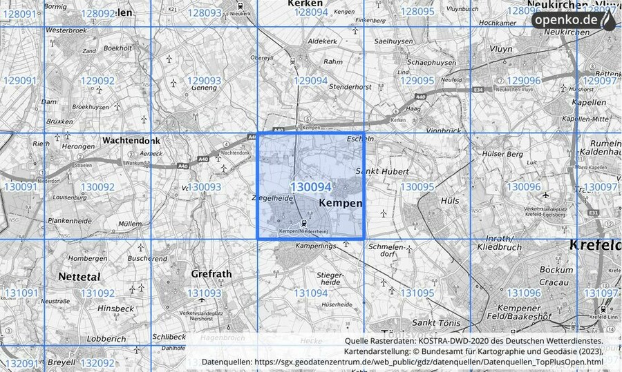 Übersichtskarte des KOSTRA-DWD-2020-Rasterfeldes Nr. 130094