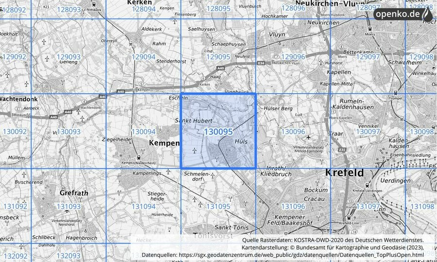 Übersichtskarte des KOSTRA-DWD-2020-Rasterfeldes Nr. 130095