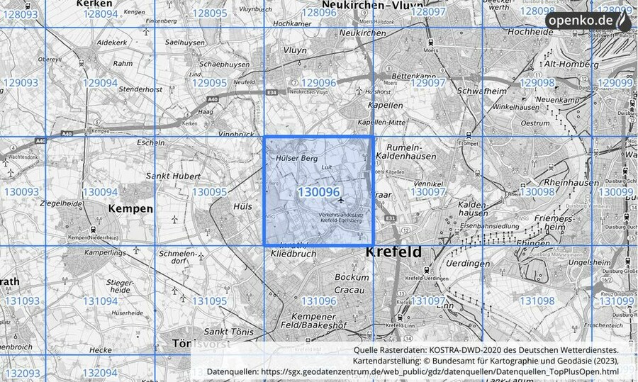 Übersichtskarte des KOSTRA-DWD-2020-Rasterfeldes Nr. 130096