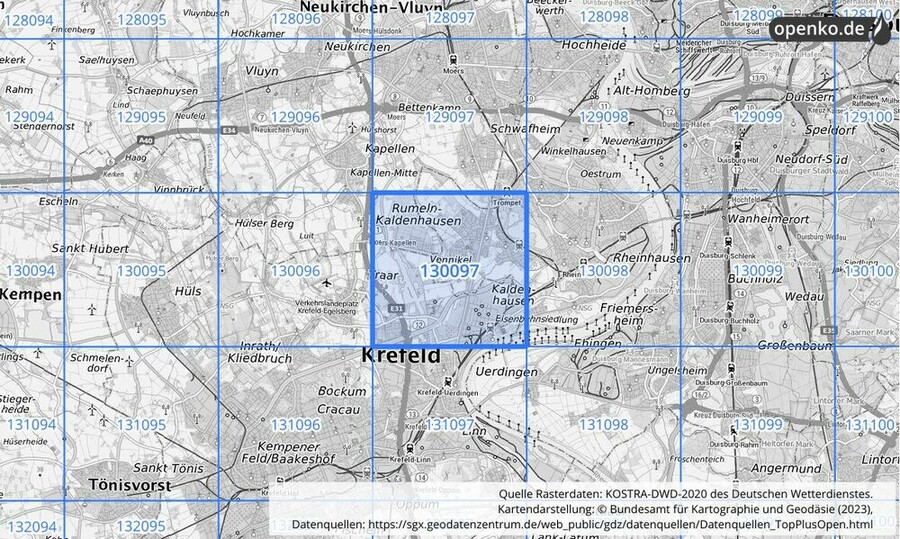 Übersichtskarte des KOSTRA-DWD-2020-Rasterfeldes Nr. 130097